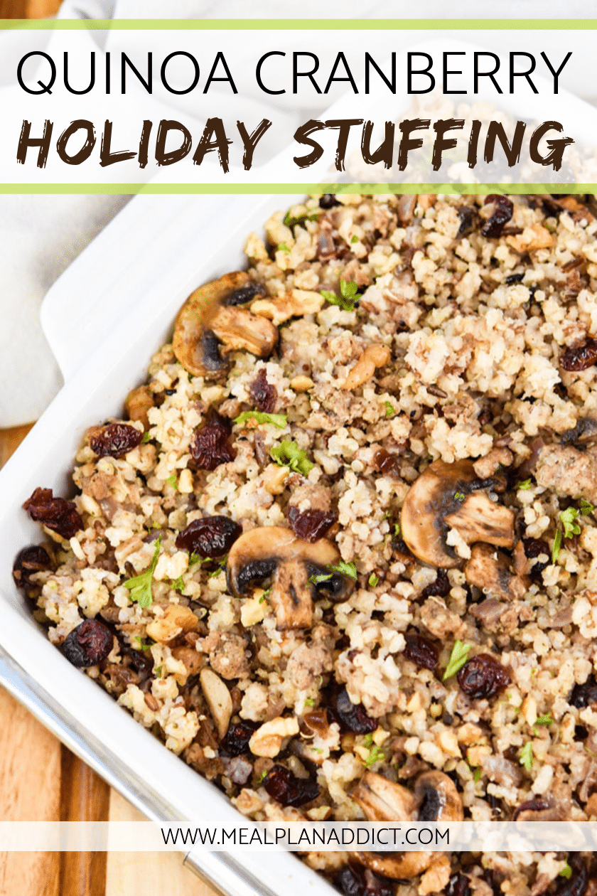 quinoa cranberry holiday stuffing close up in dish