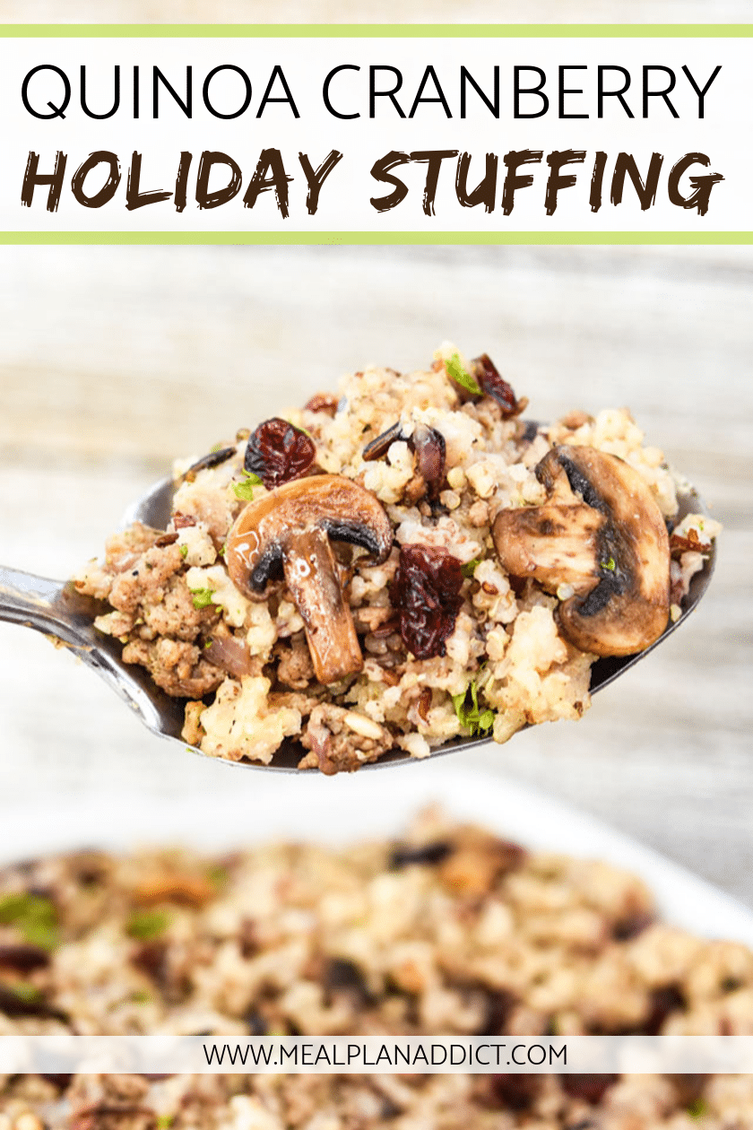 quinoa cranberry holiday stuffing close up on a spoon