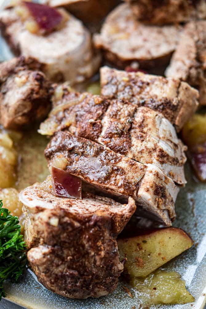 Instant Pot Honey Apple Pork tenderloin plated showing the outside