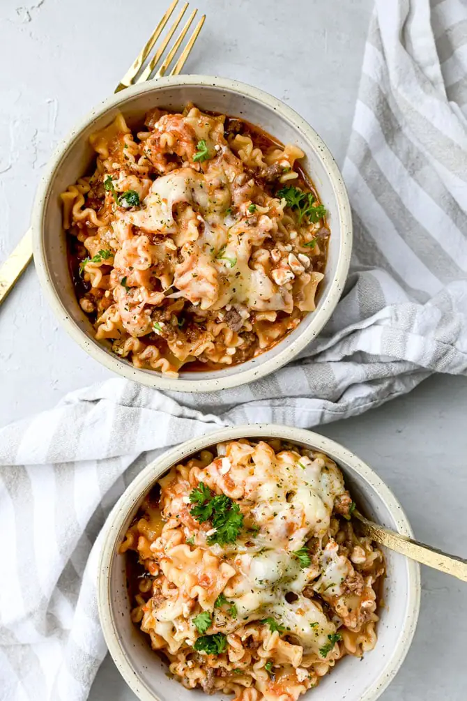 lazy lasagna plated in two bowls flatlay