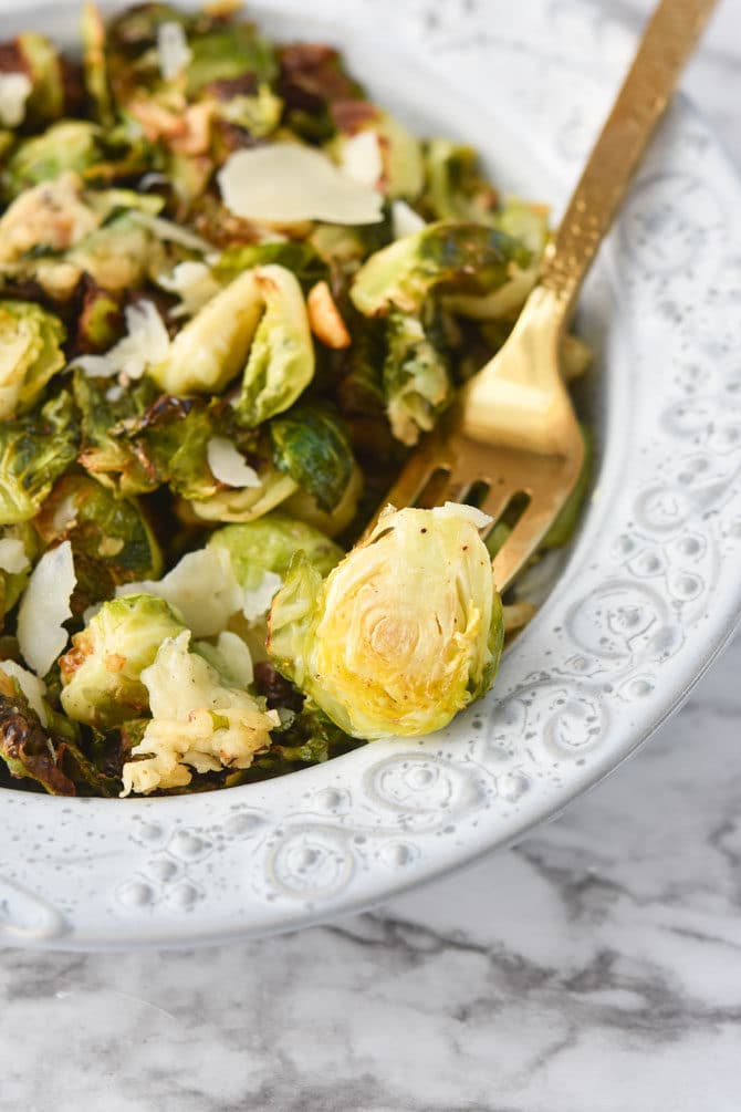 Garlic Parm Brussels Sprouts Air Fryer on fork