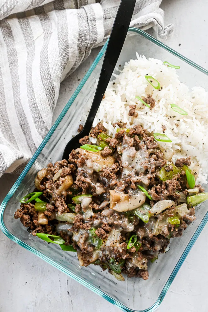 meal prep ground beef cheesesteak in meal prep container