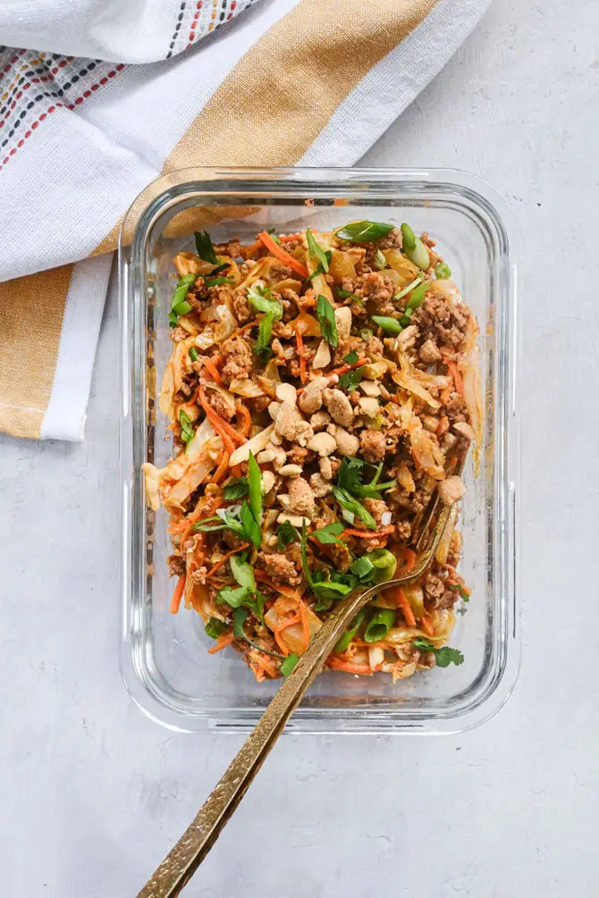 peanut pork stirfry in meal prep container