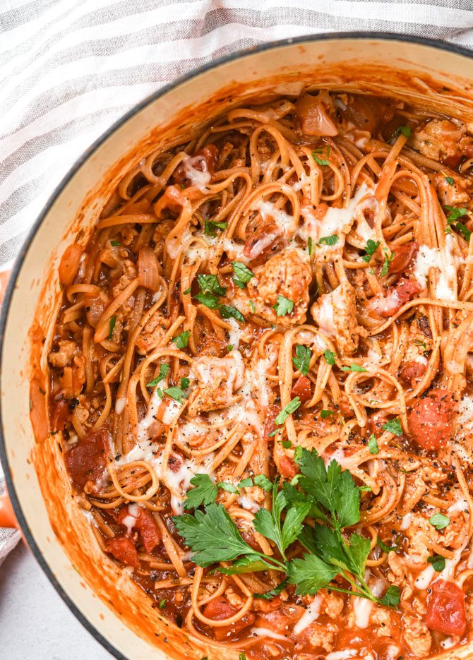Easy One Pot Linguine with Italian Sausage after cooking in pot