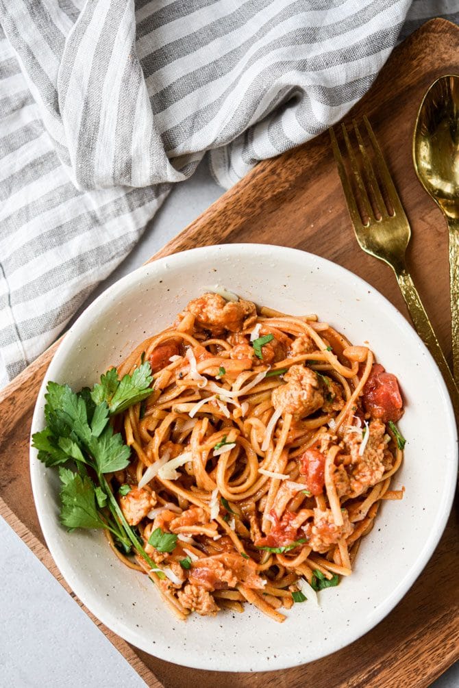 Easy One Pot Linguine with Italian Sausage from above