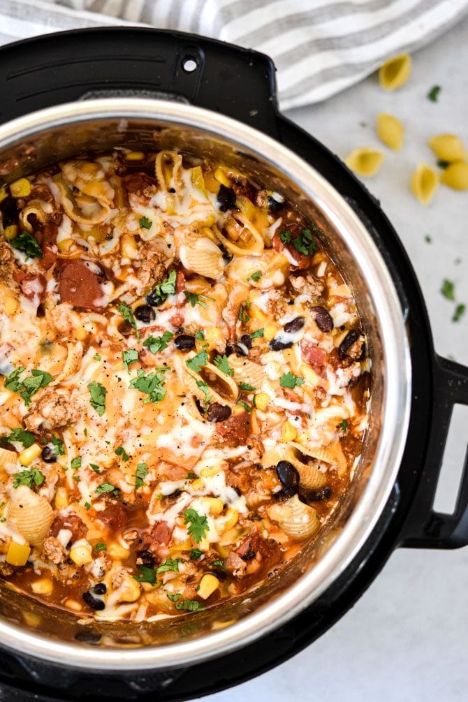 Easy Instant Pot Taco Pasta after pressure cycle