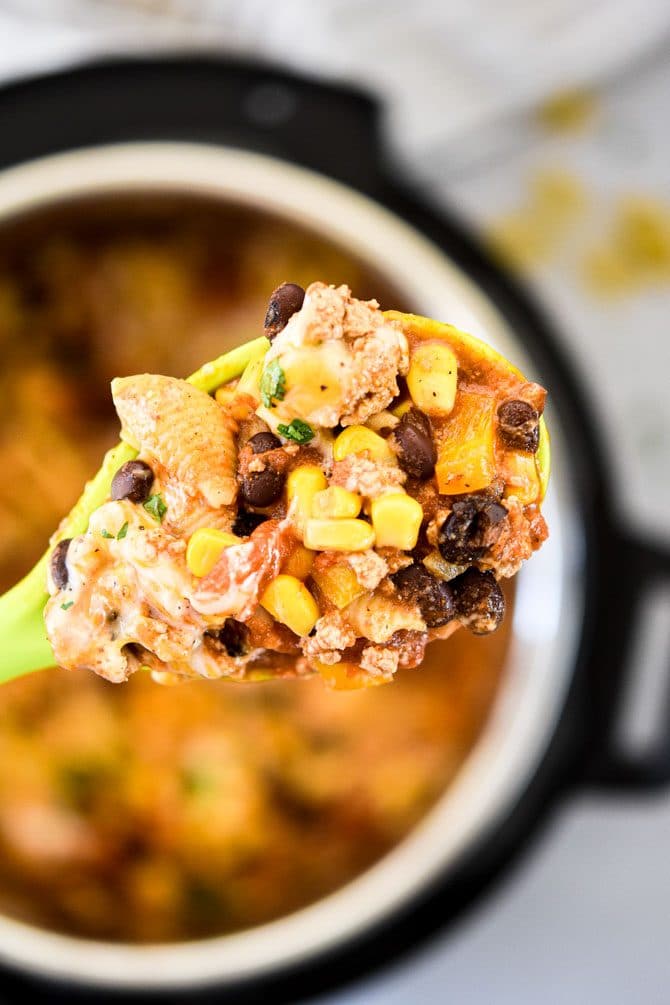 Easy Instant Pot Taco Pasta close up on a spoon