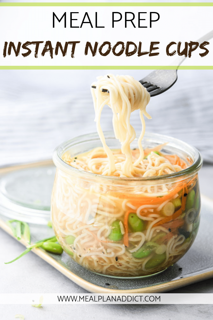 Meal Prep Instant Noodle Cups with noodles on fork pin