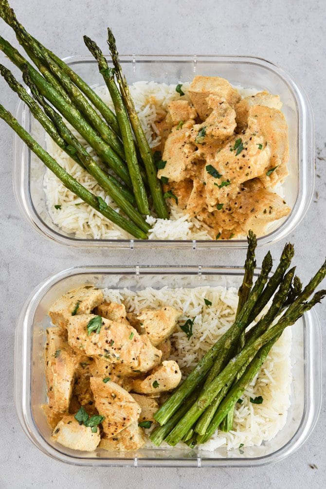 Dijon Thyme Chicken Tenders two meal prep container flat lay symmetrical