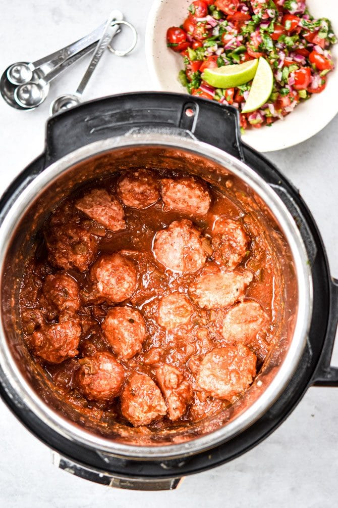 Instant Pot Mexican Meatballs in pot before cooking