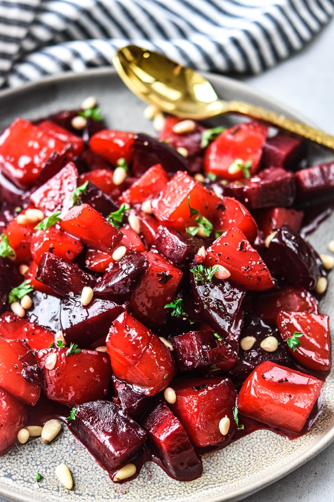 Candied beets plated close up hero shot