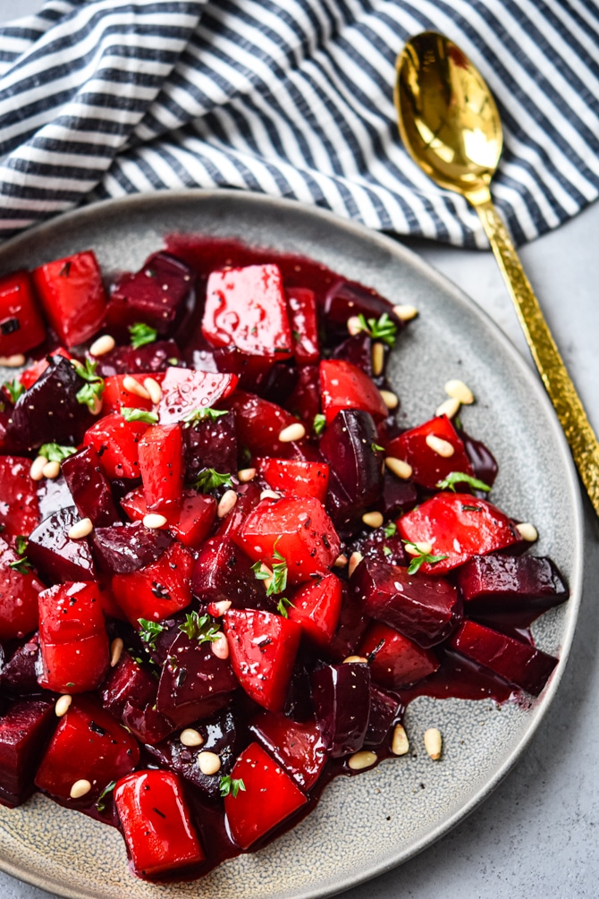 Candied beets plated overhead shot