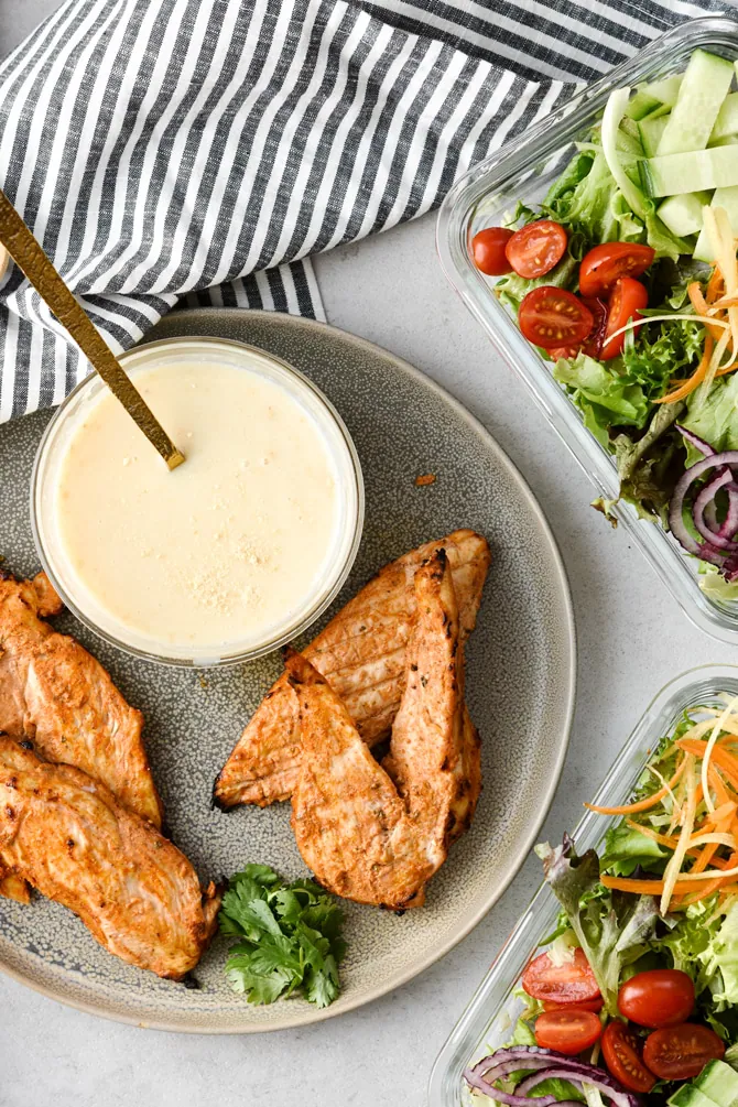 Chicken Shawarma Meal Prep Salad with Sweet Garlic Sauce