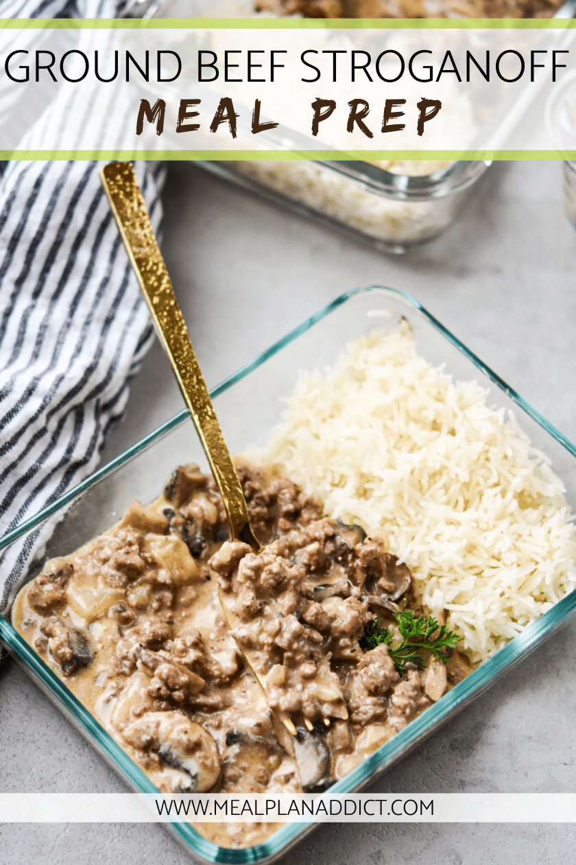 Ground beef stroganoff with fork in container
