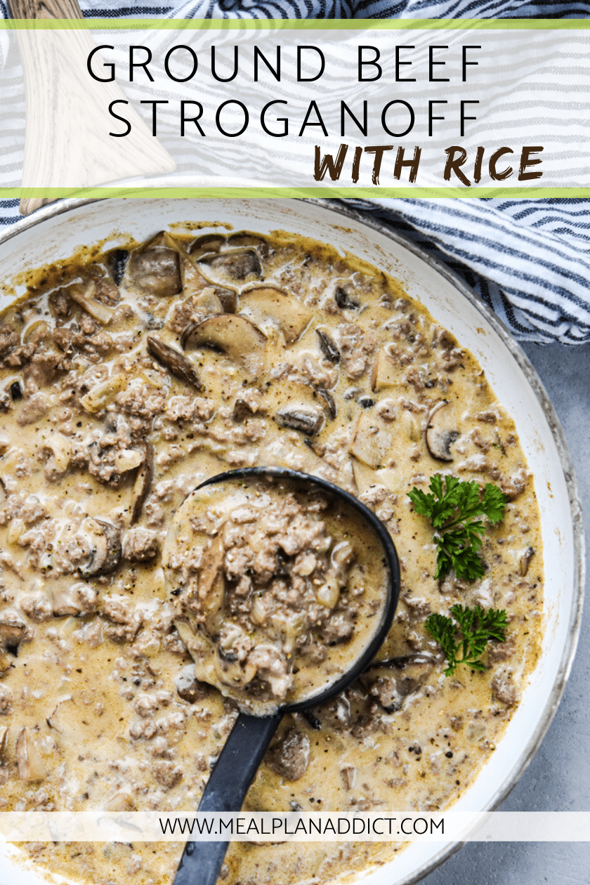 Ground beef stroganoff with rice in pan