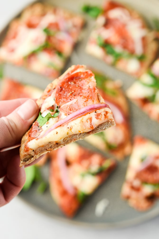 Low Carb frozen pizza crust slice with toppings