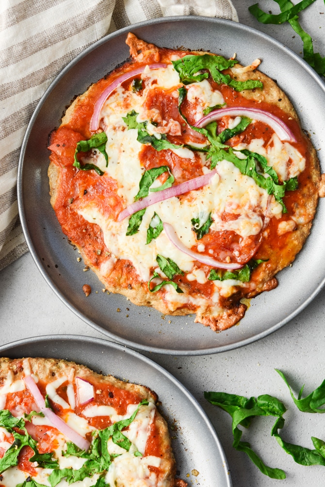 Low carb pizza crusts on individual pizza pans