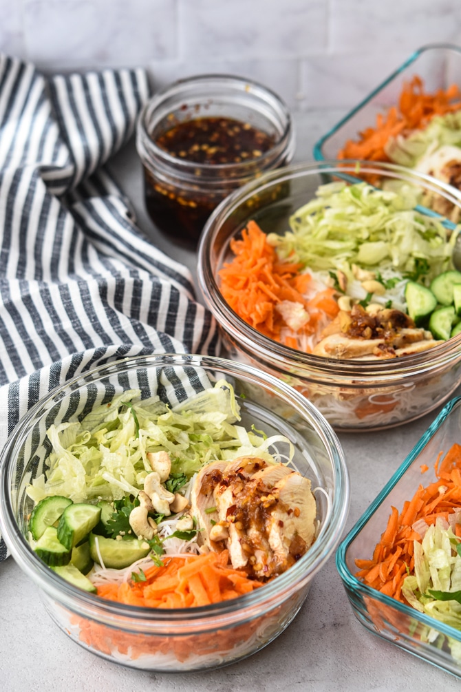 Sweet Chili Chicken Vermicelli Meal Prep Bowls with sauce