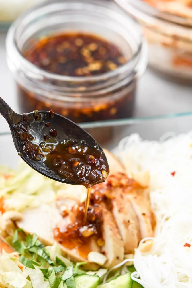 Sweet Chili Chicken prep bowl sauce pouring