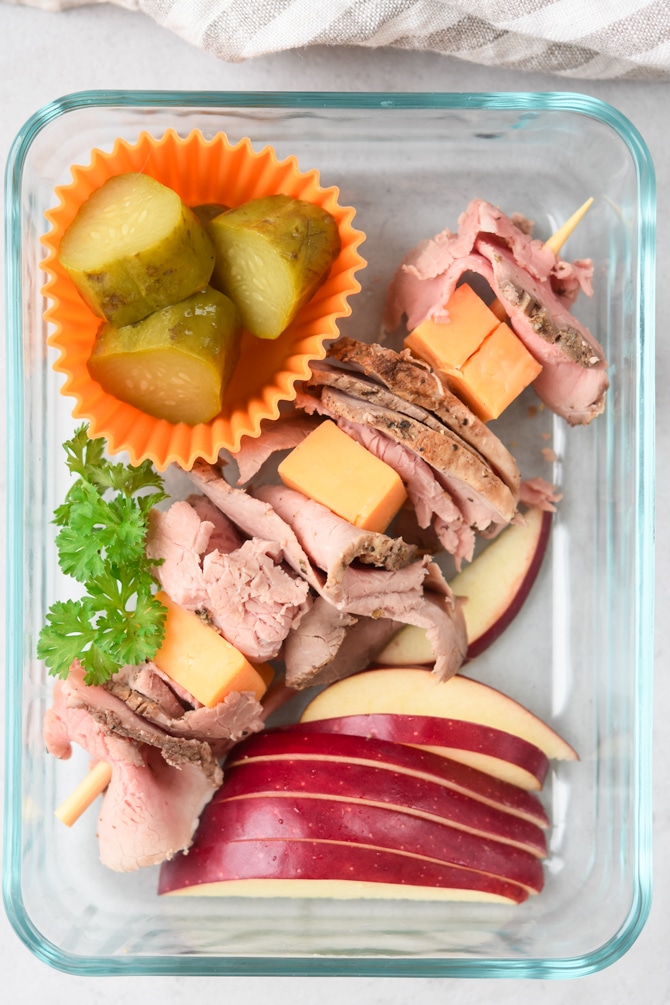flatlay lunch box kit with beef and cheese stick