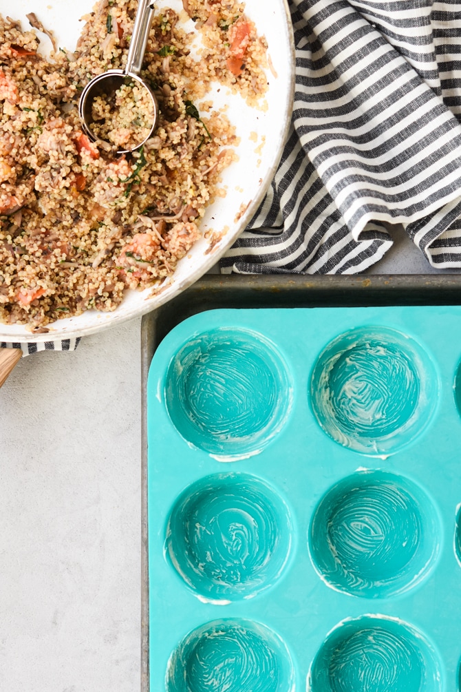 greased silicone pan for scramble muffins