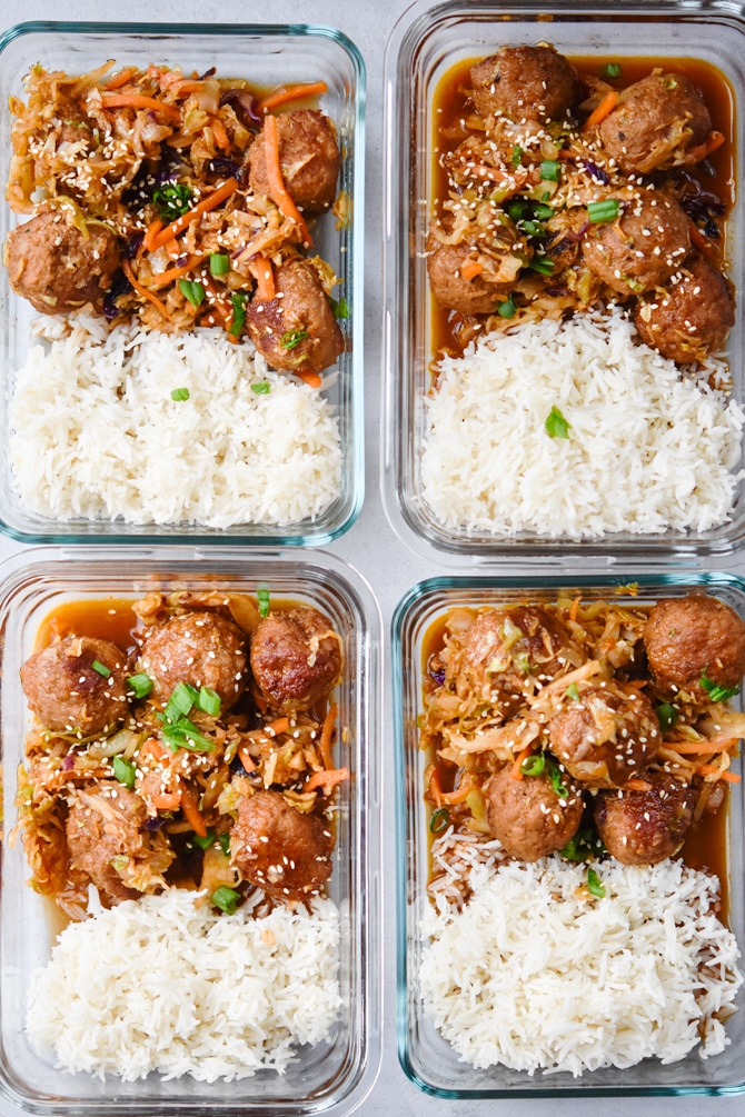 4 meal prep containers with meatballs