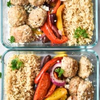 Greek Meatball meal prep in 2 containers finished