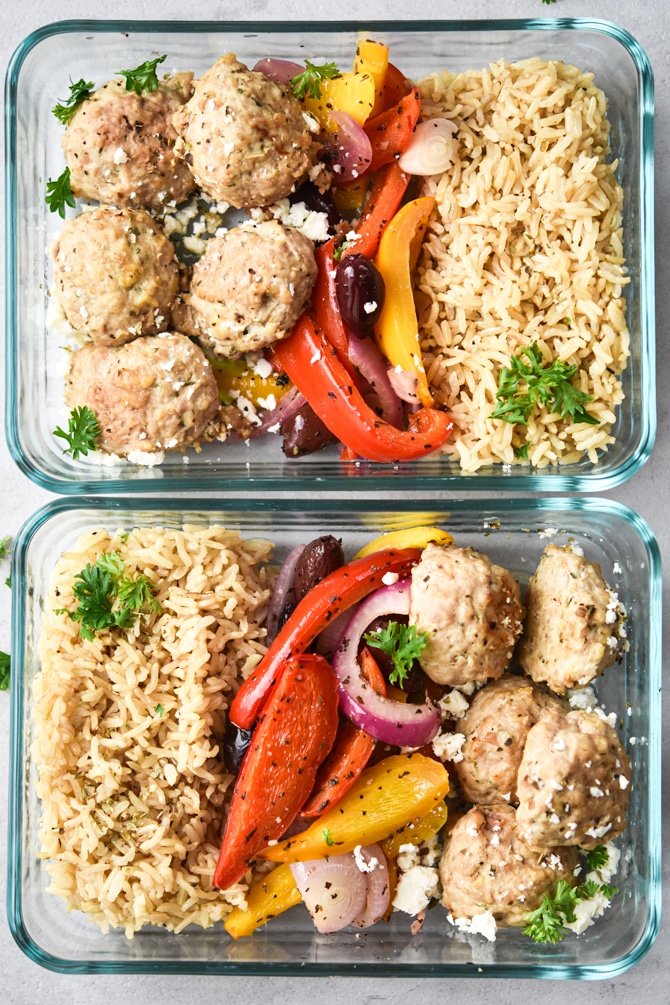 Greek Meatball meal prep in 2 containers finished