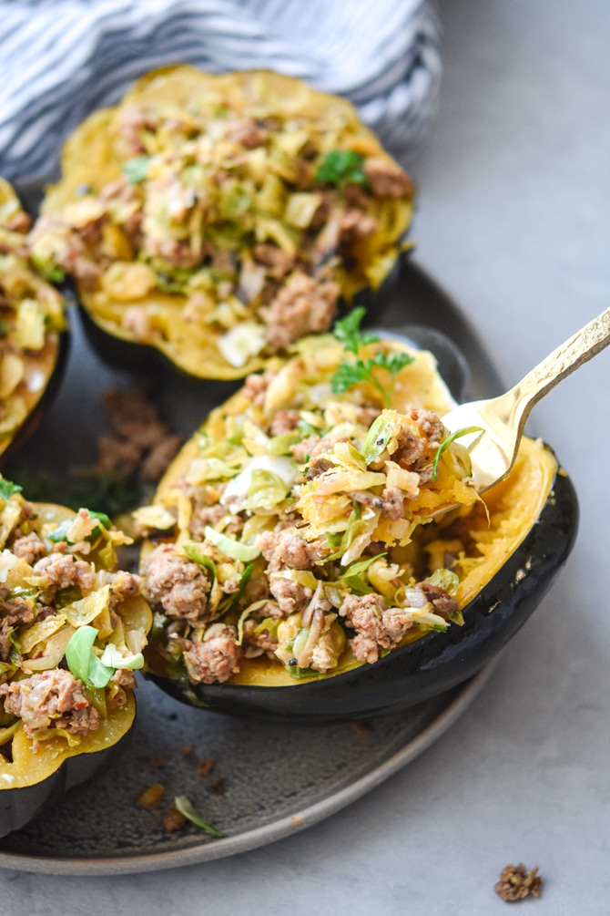 Instant Pot stuffed acorn squash on a fork