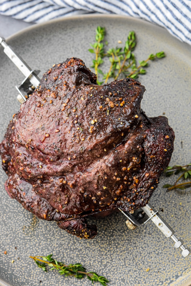 Instant Vortex roast set up in on rotisserie after cooking