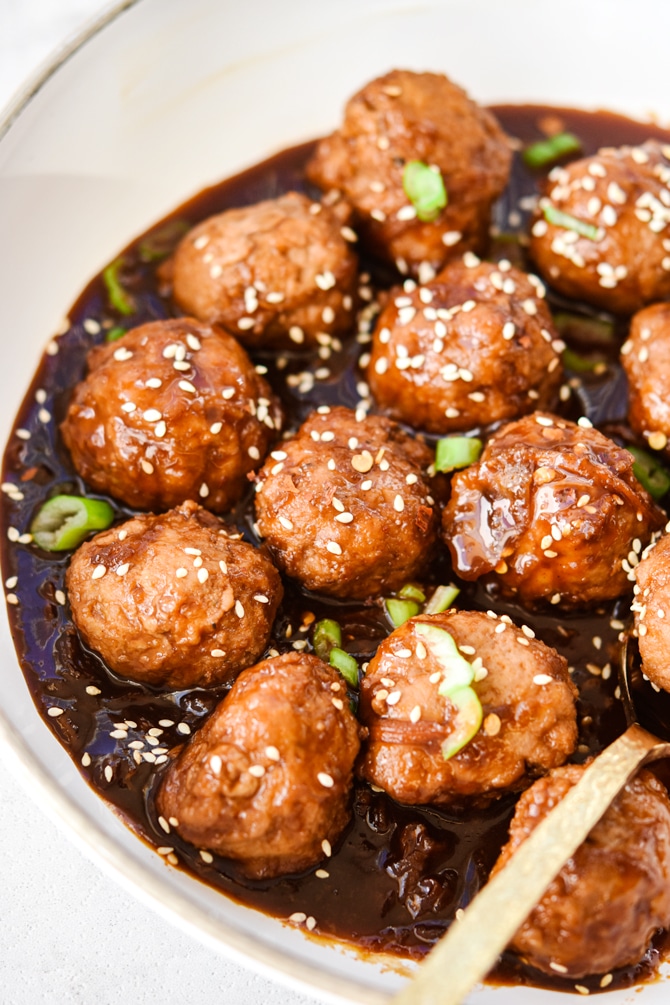 Korean meatballs in skillet with sauce