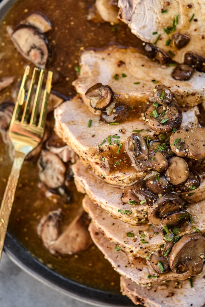 close up mushroom pork loin with gravy