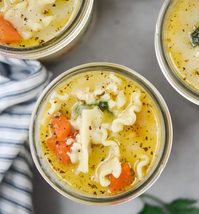 Chicken lasagna soup close up overheat in mason jar