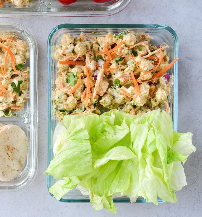 Curried Chickpea Salad meal prep with lettuce wraps