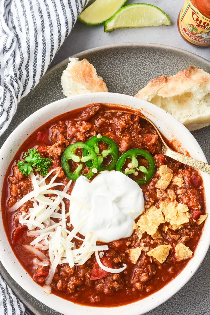 Instant Pot Sneaky Veggie Chili in bowl with garnish