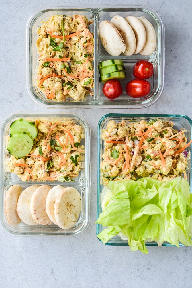 curried chickpea salad meal prep in containers