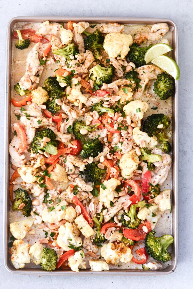 peanut curry chicken baked on sheet pan