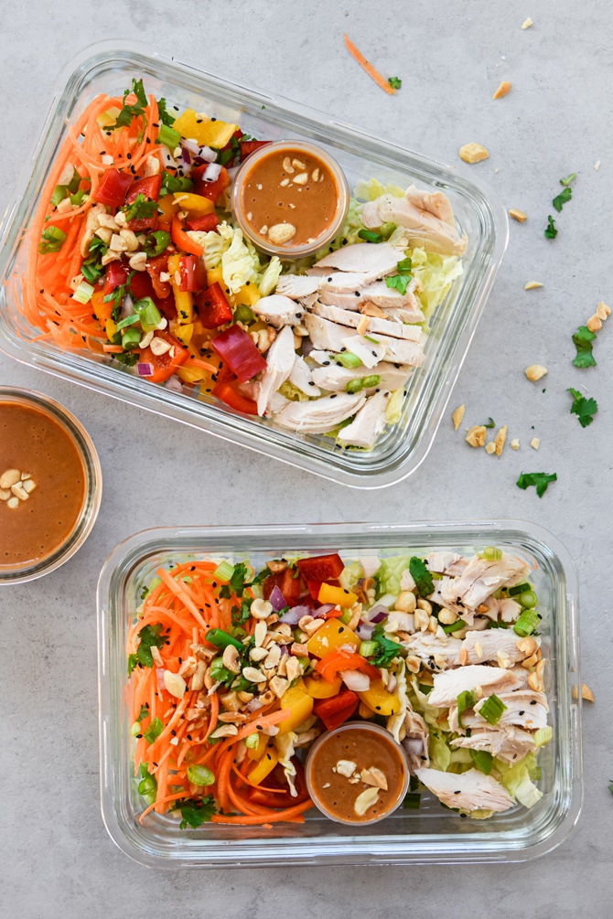 Asian Chicken Chopped Salad in 2 prep containers overhead