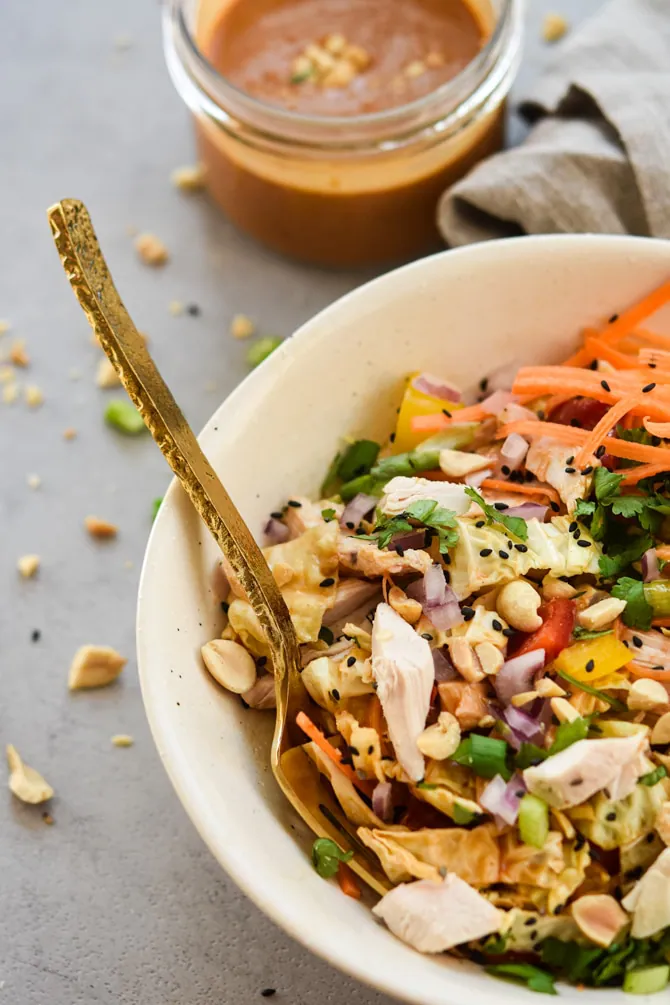 asian chopped chicken salad plated in bowl