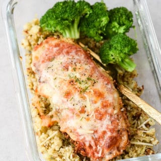 Chicken parm in meal prep container with broccoli