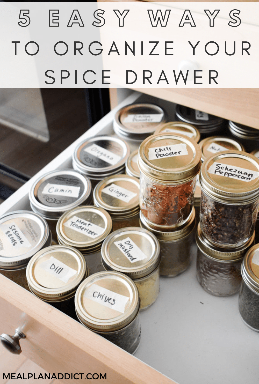 Spice drawer organization pin for Pinterest