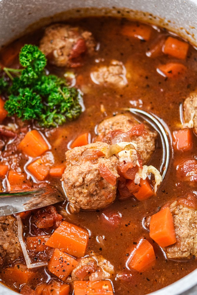 meatball soup close up with ladle