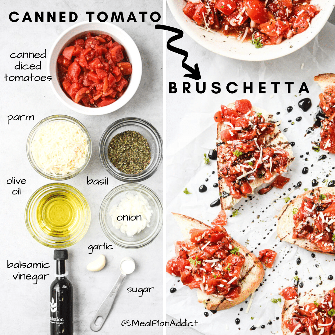 ingredients laid out and labelled for bruschetta recipe