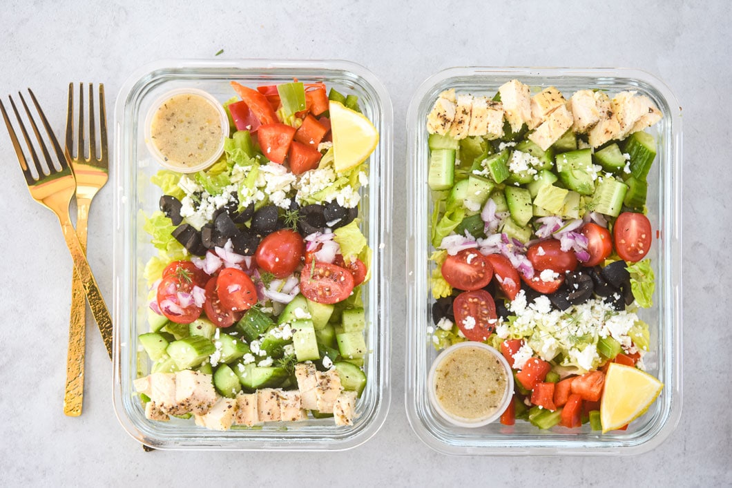 2 greek salad meal preps side by side landscape