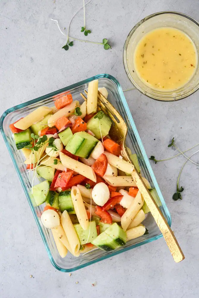 pasta salad in meal prep container