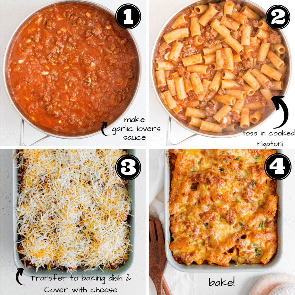 how to make garlic lovers rigatoni step by step collage
