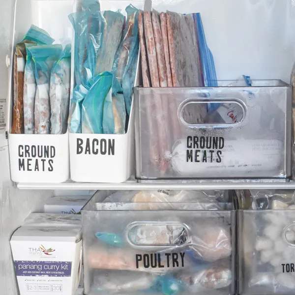 showing ground beef stored with rolling pin flattening method in a freezer