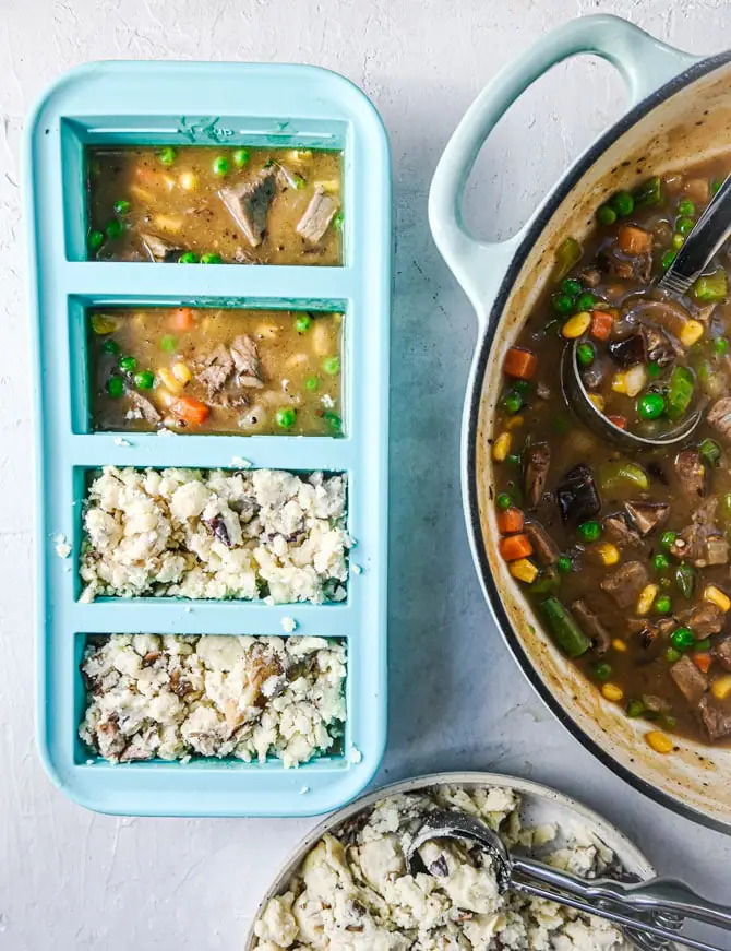 half assembled shepards pie in one cup souper cube tray