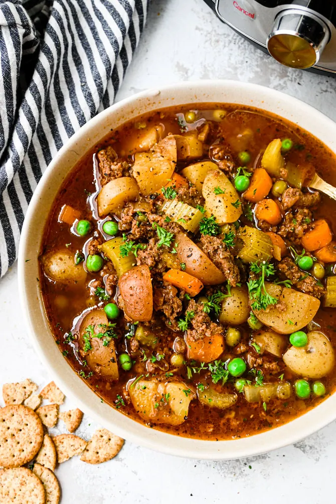 Hamburger Vegetable Soup plated flatlay