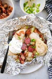 sausage perogy foil pack on plate